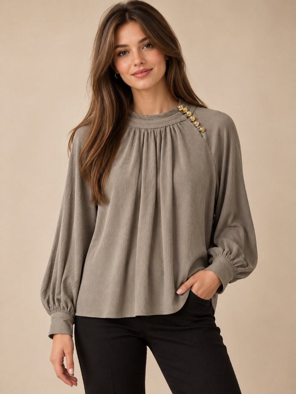 ba&sh Neil Button Shoulder Pleated Blouse in Khaki, Size S